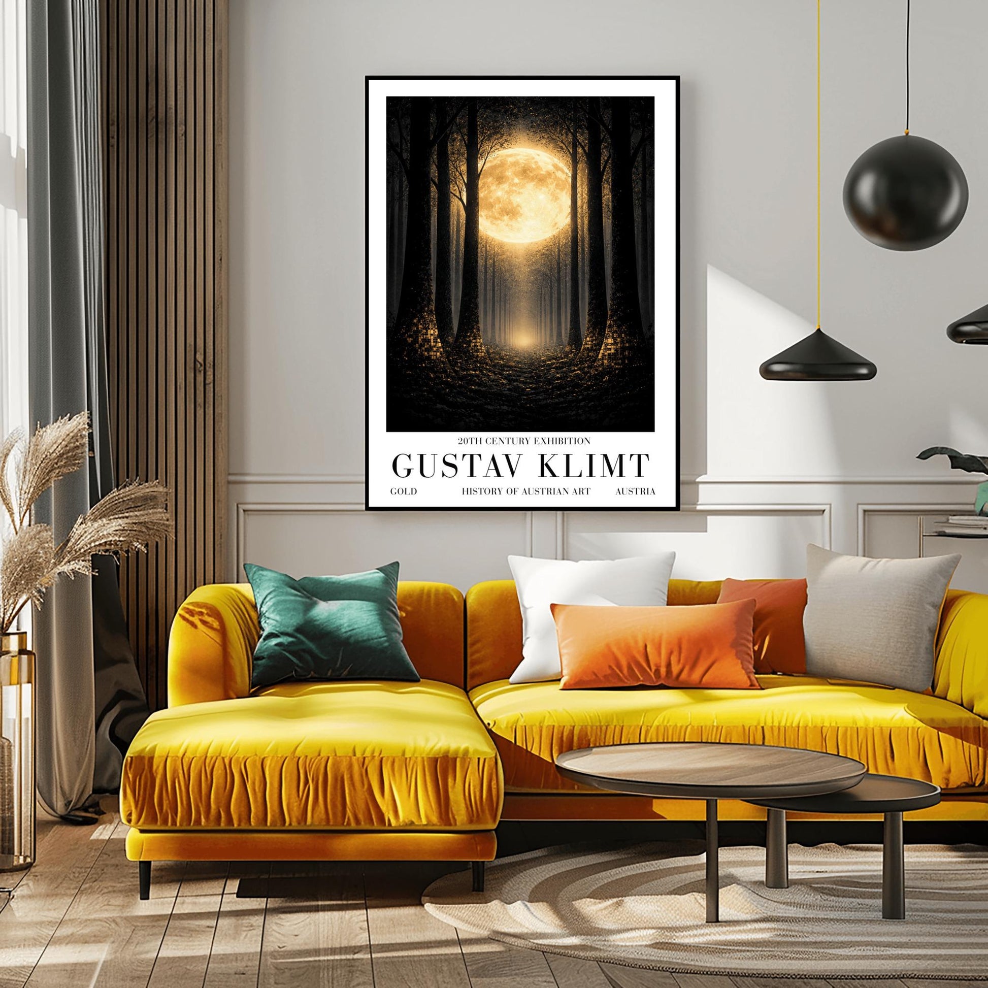 A vertical art print in the style of Gustav Klimt showing a dark forest at night. Tall, dark, silhouetted tree trunks frame a central path that leads toward a bright light in the distance. A massive, glowing golden moon with intricate textures dominates the upper center of the image. The base of the trees and the forest floor are sprinkled with shimmering gold mosaic patterns and light specks, contrasting sharply against the dark background.