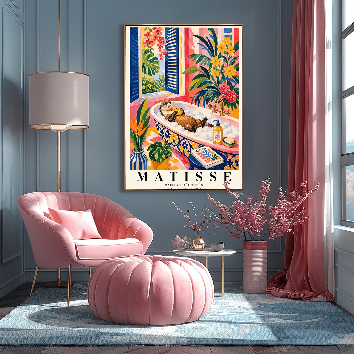 A vertical maximalist art print designed as a Henri Matisse exhibition poster. A brown otter floats on its back in a pink bubble bath, holding a small yellow rubber ducky. The bathtub has a blue and yellow floral pattern. The room is filled with vibrant tropical plants, pink walls, and yellow checkered tiles. A blue-shuttered window looks out onto a sunny garden. In the foreground, an art book and a striped vase are visible. Bold black text at the bottom reads "MATISSE PAPIERS DÉCOUPÉS"