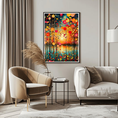 A vertical oil painting in the style of Gustav Klimt. Slender birch trees stand in the foreground of a calm turquoise lake. A soft, glowing sun is centered on the horizon, reflecting in the water. The trees are decorated with floating, circular mosaic leaves in vibrant shades of red, orange, and yellow. The style is highly textured with decorative patterns throughout the sky and water.