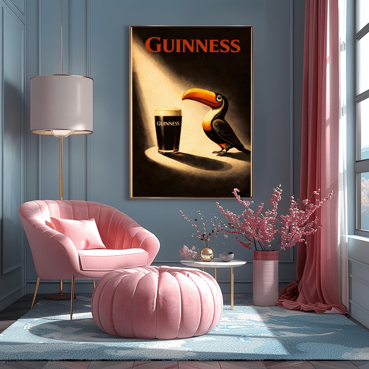 A vertical vintage-style poster. A bright spotlight shines down on a pint of Guinness with a creamy head. A colorful toucan stands in the light next to the glass, looking at it. The background is dark and moody with "GUINNESS" written in red at the top.