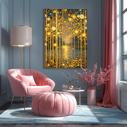 A vertical fine art print in the style of Gustav Klimt. Several slender tree trunks made of sparkling gold leaf stand in the foreground. They are adorned with glowing gold and ivory circular patterns. A calm river in the center reflects a soft, hazy golden sun on the horizon. The background is a soft blue-grey.