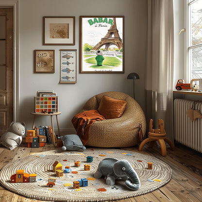 A vertical art print titled "BABAR à Paris" in large green letters. A grey elephant, Babar, seen from behind wearing a green suit and black cap, stands on a green lawn looking toward the massive Eiffel Tower. The scene includes green trees, a distant cityscape with crowds of people, and a soft blue sky. The artist's name, "Laurent de Brunhoff," is printed in script at the bottom.
