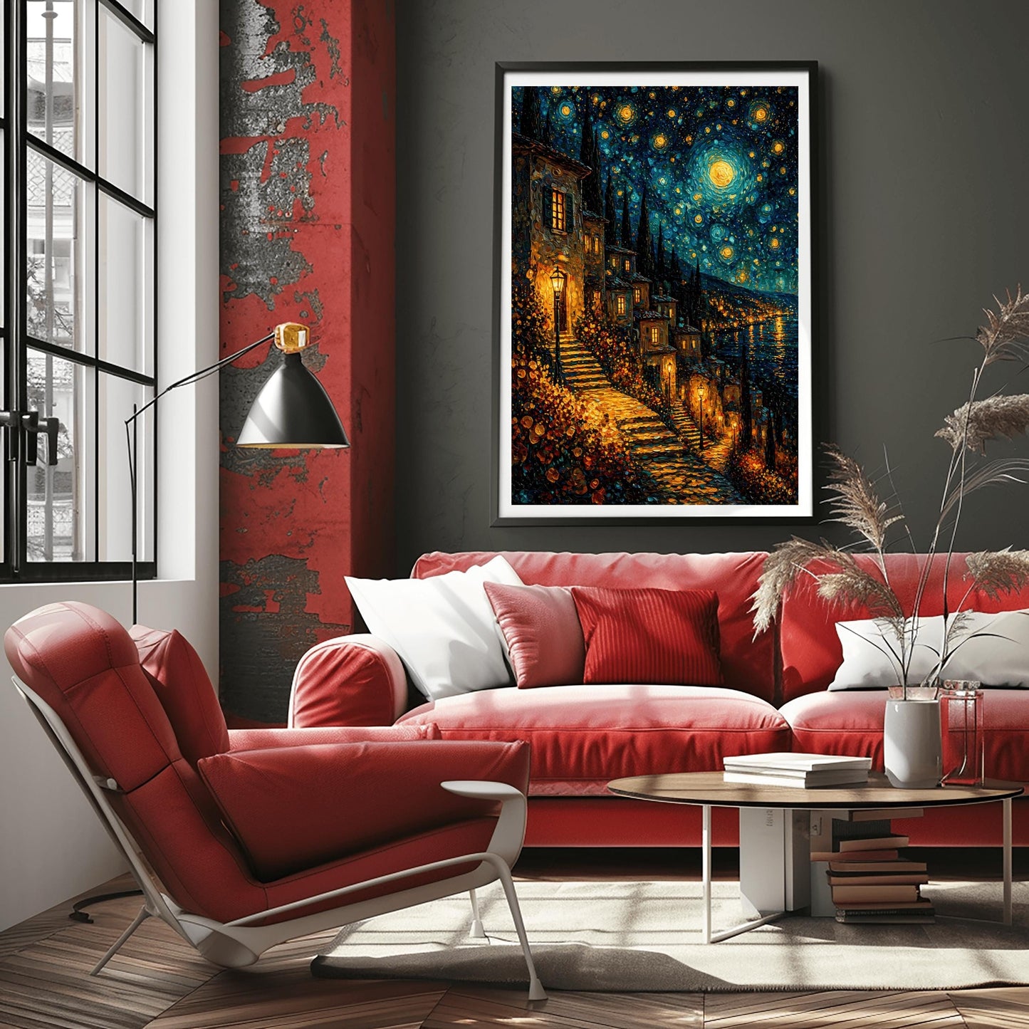 A vertical art print in the style of Gustav Klimt. A couple is shown in a close embrace, their bodies merging into a single form covered in ornate gold patterns, colorful squares, and floral spirals. The man’s face is seen in profile as he leans toward the woman. The background is a shimmering mosaic of gold, amber, and yellow shards, giving the entire image a radiant, metallic glow.