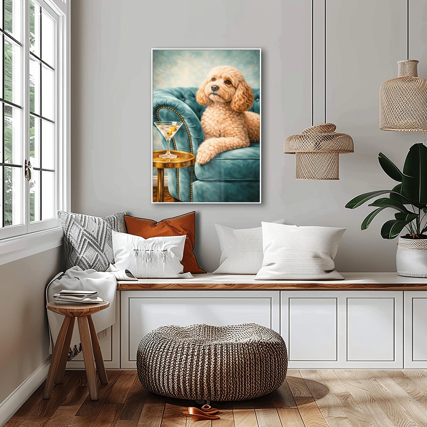 A vertical oil-style painting of a fluffy, tan-colored cockapoo with big brown eyes sitting on a plush, light teal velvet tufted sofa. To the left, a martini glass with two olives sits on a round, polished gold side table. The background is a soft, textured sky blue, and the overall lighting is bright and elegant.