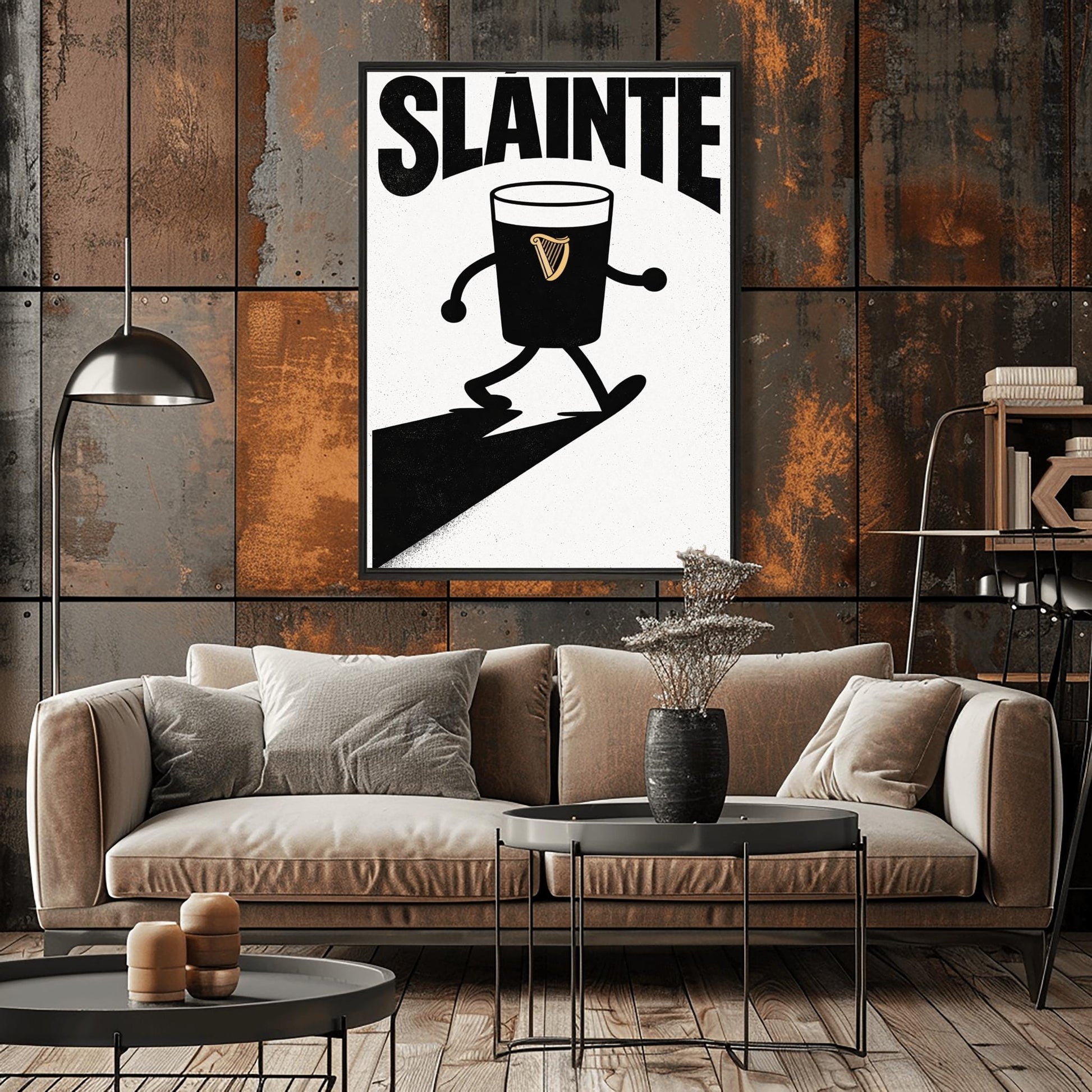 A vertical minimalist graphic in black and white. A pint of Guinness with thin black cartoon arms and legs is shown walking. The word "SLÁINTE" is arched at the top in a bold black font. The pint features a small gold harp logo.