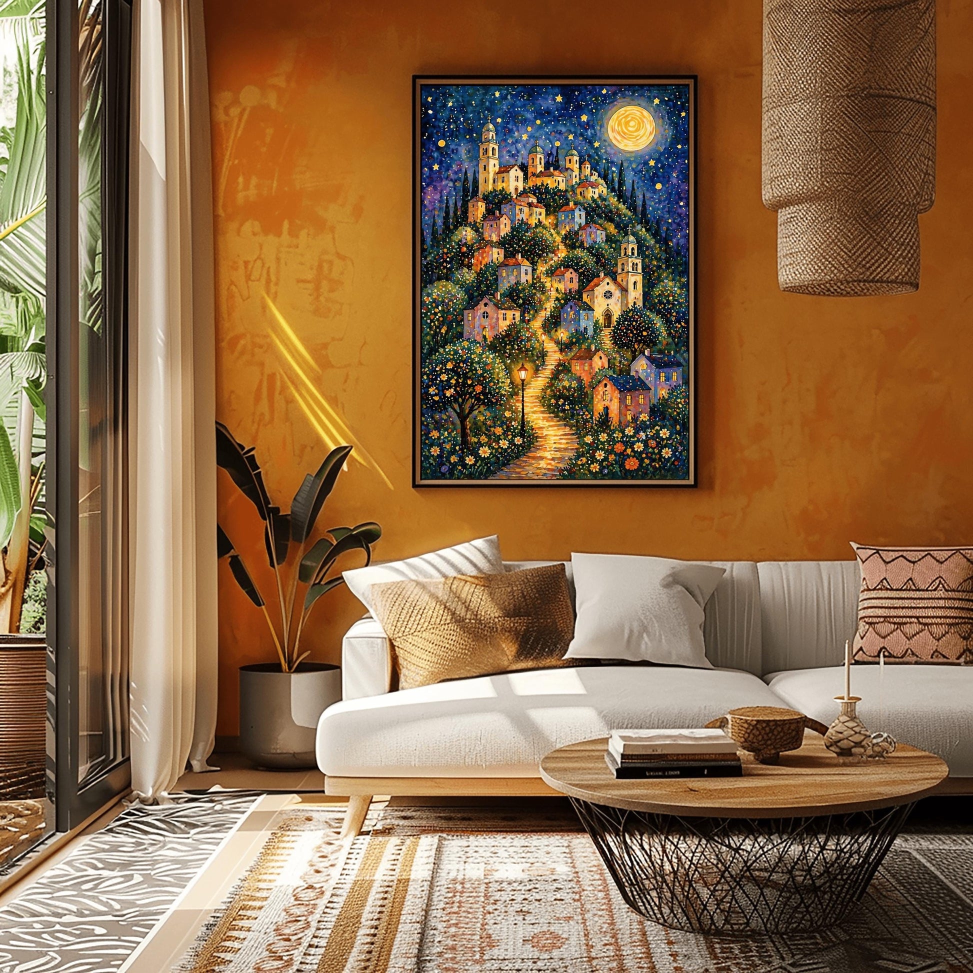 A vertical art print in a vibrant mosaic style. A winding, glowing stone path leads up a steep hill through a village of pastel-colored houses and tall, domed church towers. The scene is lit by warm streetlamps and a massive, golden full moon in a starry indigo sky. The foreground is filled with a dense field of small, colorful wildflowers, and the entire image is composed of shimmering, jewel-toned patterns.