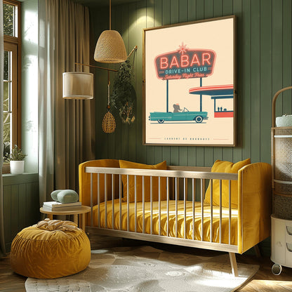 A minimalist graphic vintage-style poster on a solid cream background. At the top, a large retro neon-style sign glows with a red border and teal lettering that reads "BABAR DRIVE-IN CLUB - Saturday Night Fries". Below the sign, a silhouette of a cartoon elephant wearing a crown sits inside a classic teal 1950s convertible car. The car is parked next to a simplified red and teal drive-in order window featuring two milkshakes and a burger silhouette.