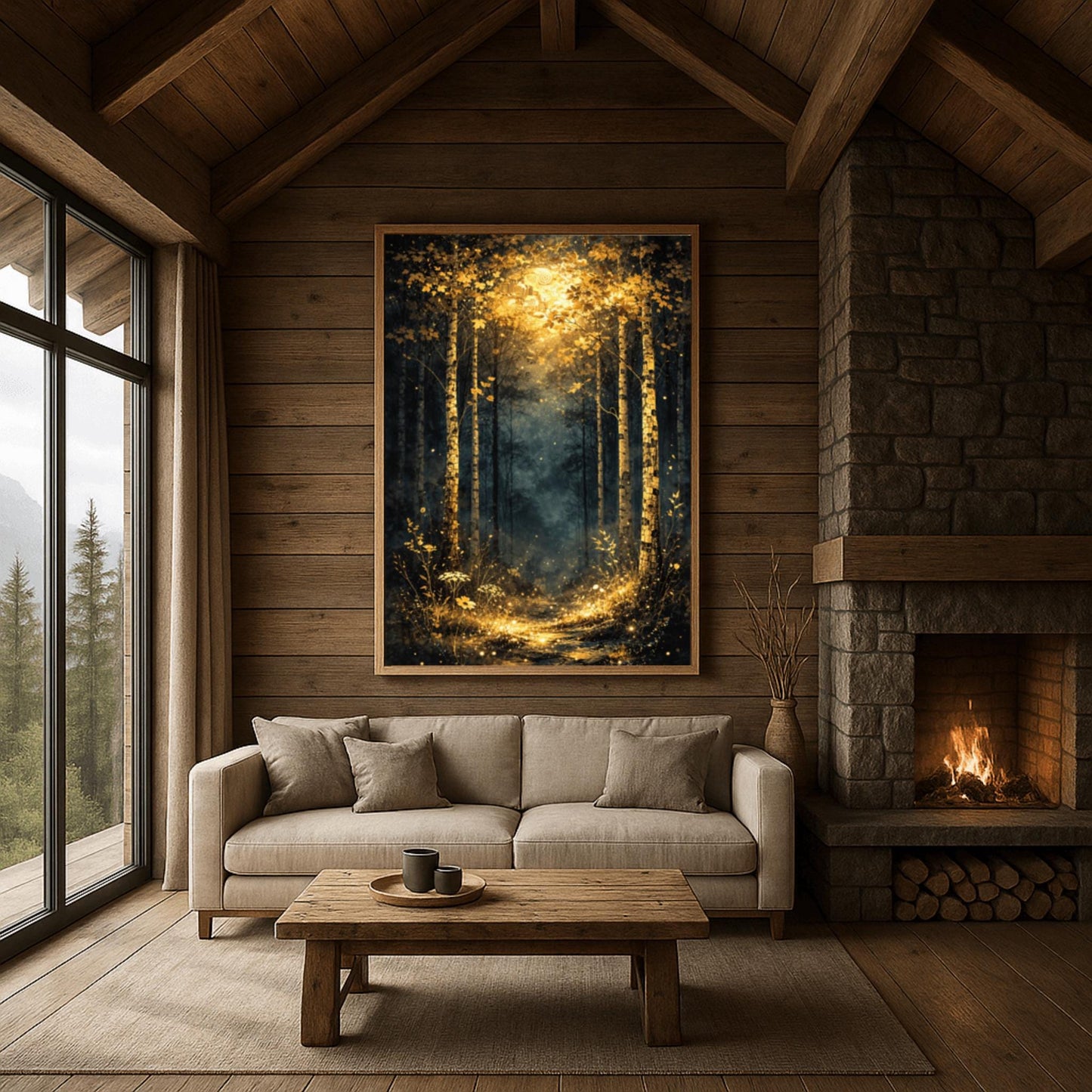 A vertical Art Nouveau illustration of a forest path at night or twilight. Golden birch trees with detailed bark frame a trail that leads into a misty forest. The path and foreground flowers are illuminated by a radiant golden light from above, filled with shimmering stardust.