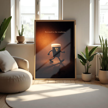 A vertical cinematic illustration of a 3D Guinness pint character with cartoon arms and legs, walking across a reflective dark floor. The background is a warm, glowing amber light. At the top, the words "Forward to the tradition." are written in a gold-colored serif font.