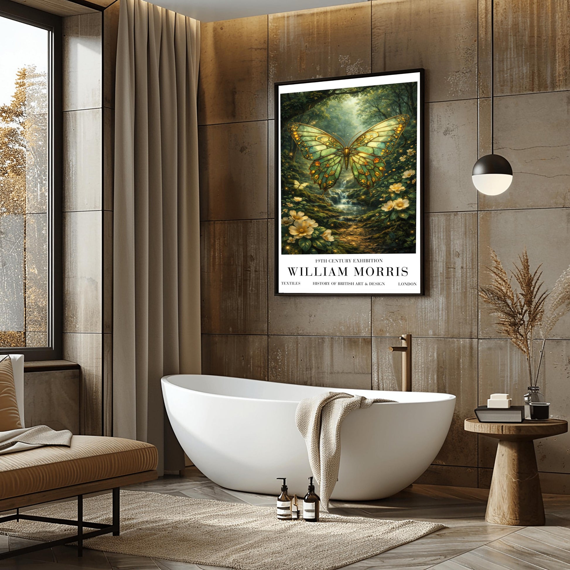 A vertical exhibition poster titled "WILLIAM MORRIS: 19th Century Exhibition". The central artwork features a large butterfly with intricate emerald and gold wings that resemble stained glass. It hovers over a lush forest scene with a small waterfall, sunlight streaming through the trees, and white flowers in the foreground. The bottom features a clean white border with bold black text reading "TEXTILES," "HISTORY OF BRITISH ART & DESIGN," and "LONDON".