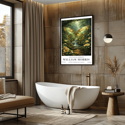 A vertical exhibition poster titled "WILLIAM MORRIS: 19th Century Exhibition". The central artwork features a large butterfly with intricate emerald and gold wings that resemble stained glass. It hovers over a lush forest scene with a small waterfall, sunlight streaming through the trees, and white flowers in the foreground. The bottom features a clean white border with bold black text reading "TEXTILES," "HISTORY OF BRITISH ART & DESIGN," and "LONDON".