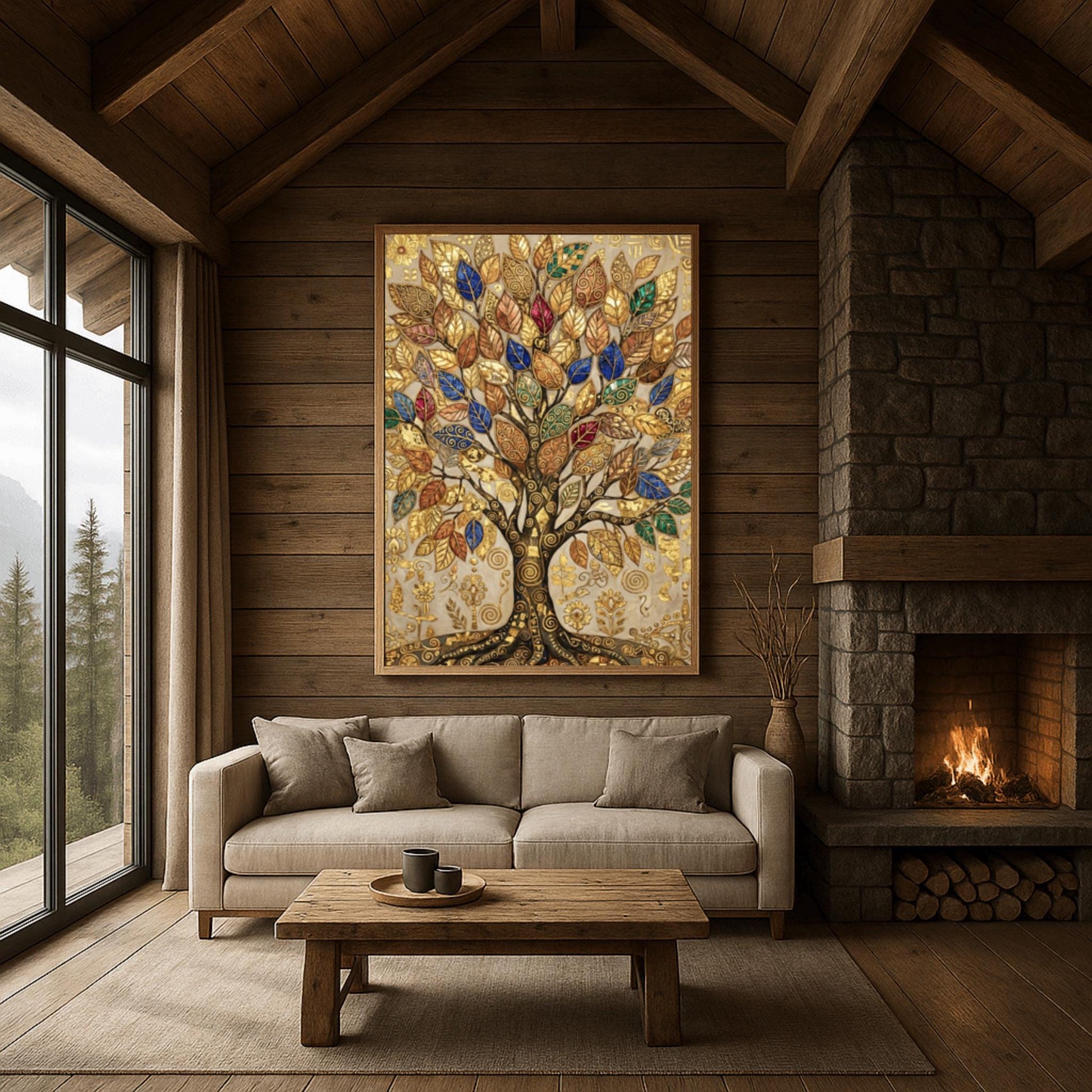 A vertical fine art print in the style of Gustav Klimt. A large, ornate tree with golden swirling branches is centered against a light-gold background. The leaves of the tree are rendered as colorful mosaic jewels in deep blue, red, and green. The entire scene is filled with intricate gold leaf patterns, spirals, and geometric symbols.