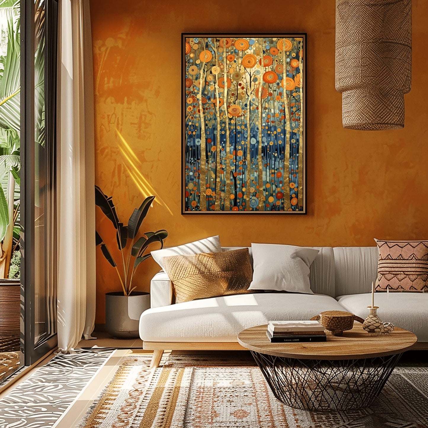 A vertical fine art print in the style of Gustav Klimt. Several slender tree trunks made of solid gold leaf stand vertically against a background of floating, concentric circular patterns in orange, gold, and blue. The bottom of the forest is a deep indigo blue filled with small mosaic dots.