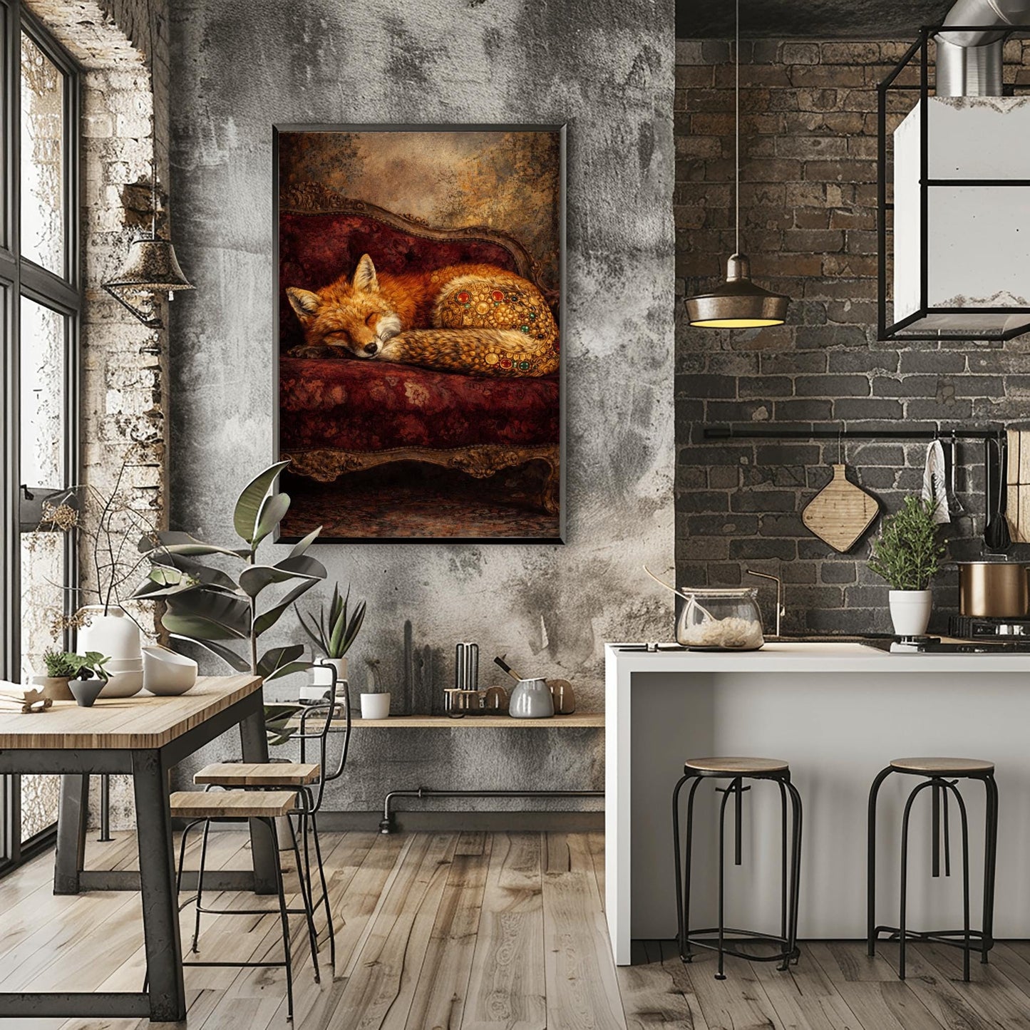Gustav Klimt Sleeping Fox Art - Ornamental Surrealism Forest Animal Print - Luxury Gold & Crimson Velvet Decor - Gilded Red Fox Fine Art - Moody Maximalist Wall Decor