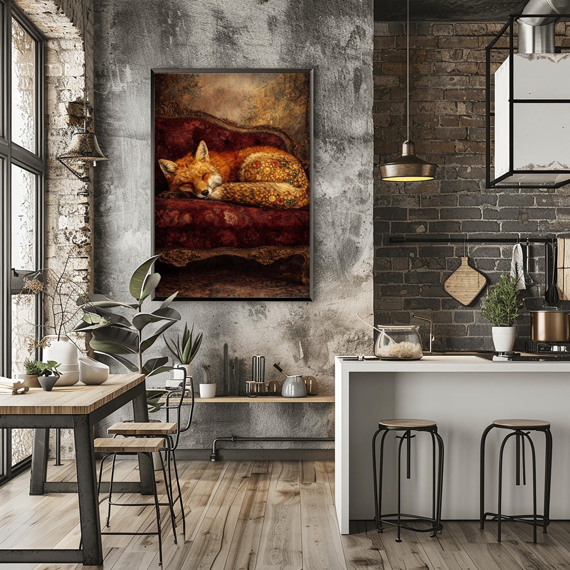 Gustav Klimt Sleeping Fox Art - Ornamental Surrealism Forest Animal Print - Luxury Gold & Crimson Velvet Decor - Gilded Red Fox Fine Art - Moody Maximalist Wall Decor