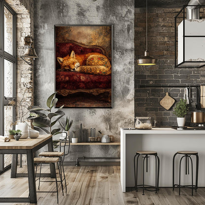 Gustav Klimt Sleeping Fox Art - Ornamental Surrealism Forest Animal Print - Luxury Gold & Crimson Velvet Decor - Gilded Red Fox Fine Art - Moody Maximalist Wall Decor