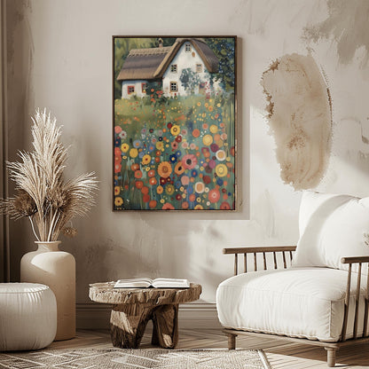 A vertical oil painting in the style of Gustav Klimt. A white-washed cottage with a brown thatched roof sits behind a dense field of colorful, circular wildflowers in shades of orange, red, blue, and yellow. The style features heavy, decorative textures and subtle golden highlights throughout the garden and roof.