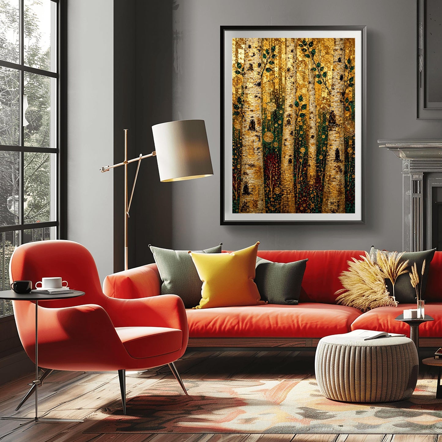 A vertical fine art print in the style of Gustav Klimt featuring a dense forest of birch trees. The thick, textured tree trunks are detailed in white, black, and gold. Slender branches with dark green leaves grow upward. The background is filled with a shimmering, mosaic-like texture of gold leaf patterns, dotted with decorative gold concentric circles, spirals, and dark red and teal shapes mimicking a forest floor.