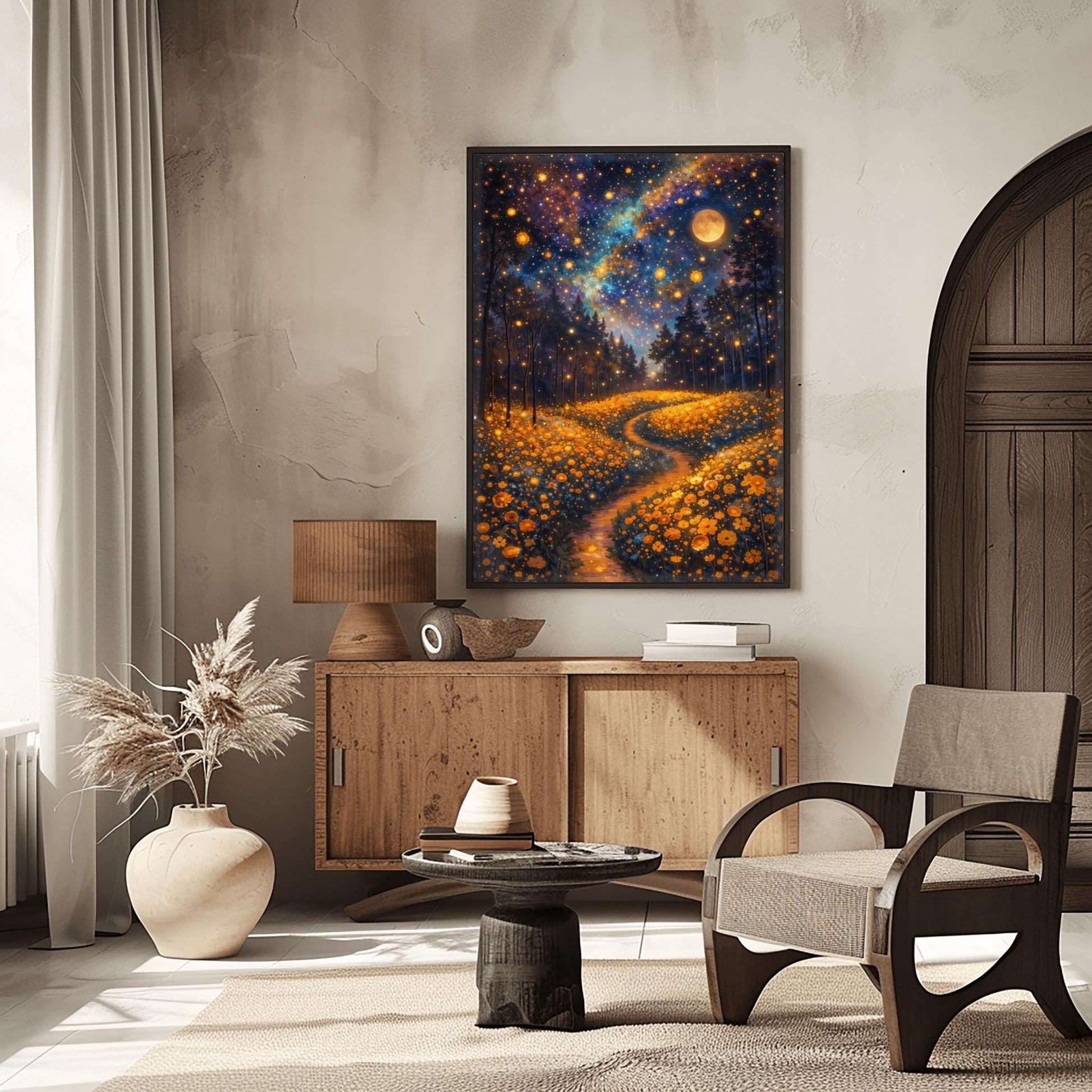A vertical fine art print in the style of Gustav Klimt. A glowing path winds through a dense field of amber-colored wildflowers. Dark silhouettes of trees stand in the middle ground. The night sky is a deep indigo nebula filled with golden stars and a large, glowing full moon.