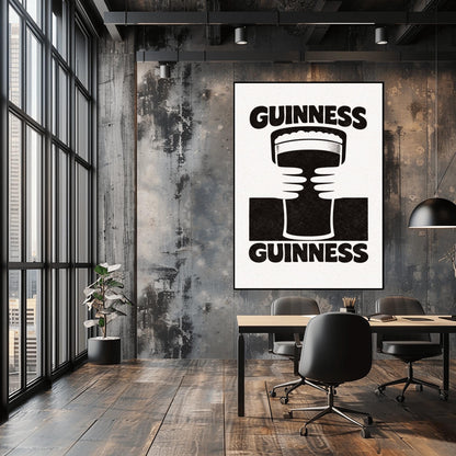 A vertical black and white minimalist graphic. Two white hands hold a central pint of Guinness from both sides. The word "GUINNESS" appears in bold black text both at the top and the bottom of the cream-colored background.