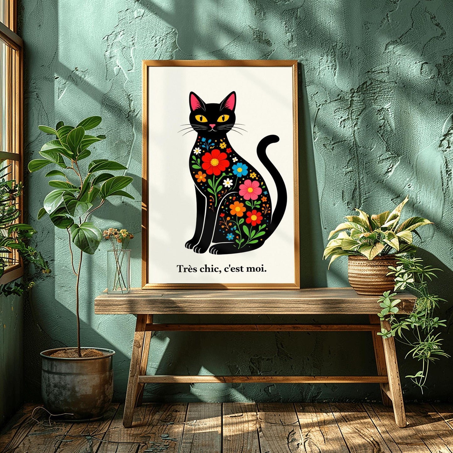 A vertical minimalist art print of a sleek black cat sitting upright, facing forward. The cat's body is filled with colorful folk-art style flowers in red, blue, orange, and yellow with green leaves. The cat has large yellow eyes and a small pink nose. Below the cat, the French phrase "Très chic, c'est moi." is written in a black serif font. The entire image is set against a textured off-white background.