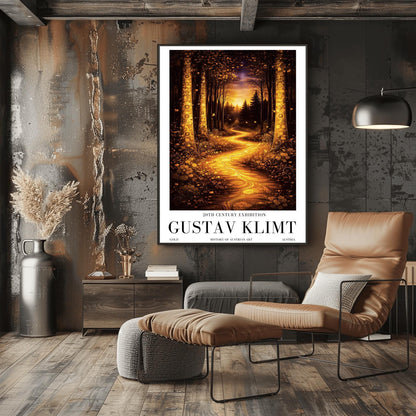 A vertical exhibition poster for Gustav Klimt. A glowing golden path winds through a dark, moody forest at night. Ornate trees with golden mosaic patterns frame the scene. Below the art, bold black text reads "GUSTAV KLIMT" and "20th Century Exhibition."