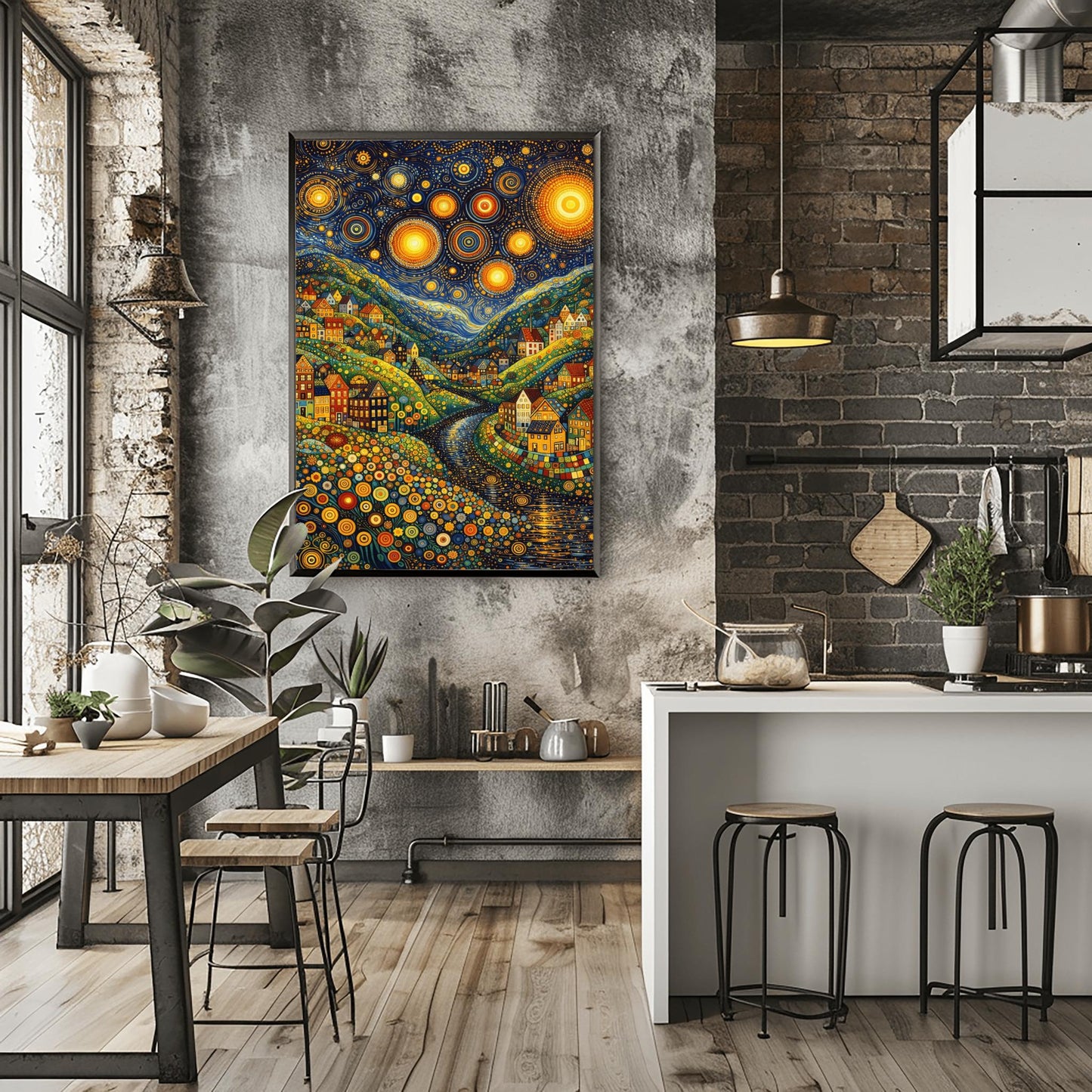A vertical art print depicting a vibrant, stylized valley at night. The sky is filled with massive, glowing yellow stars with concentric circle patterns and golden swirls. Below, colorful houses with geometric details are built into hills made of green and yellow dots. A dark river winds through the center. The foreground is filled with multi-colored circular flower patterns. The overall style is a mix of mosaic textures and swirling post-impressionist brushwork.