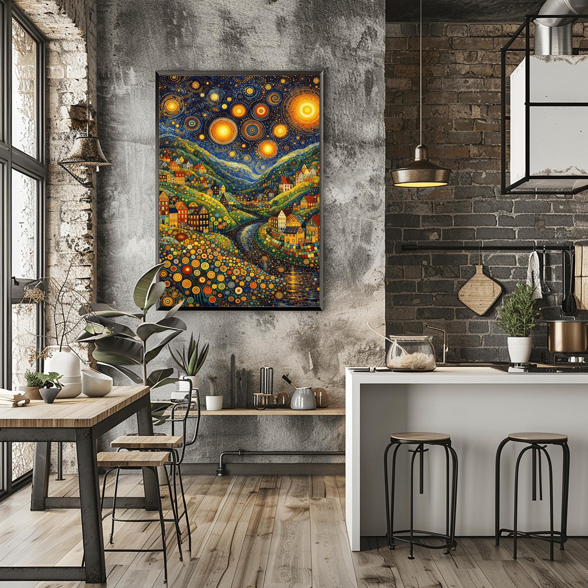 A vertical art print depicting a vibrant, stylized valley at night. The sky is filled with massive, glowing yellow stars with concentric circle patterns and golden swirls. Below, colorful houses with geometric details are built into hills made of green and yellow dots. A dark river winds through the center. The foreground is filled with multi-colored circular flower patterns. The overall style is a mix of mosaic textures and swirling post-impressionist brushwork.