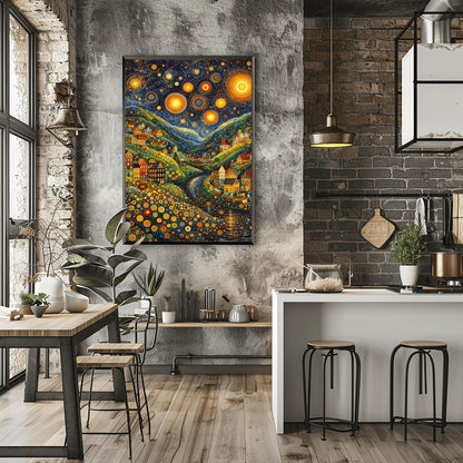A vertical art print depicting a vibrant, stylized valley at night. The sky is filled with massive, glowing yellow stars with concentric circle patterns and golden swirls. Below, colorful houses with geometric details are built into hills made of green and yellow dots. A dark river winds through the center. The foreground is filled with multi-colored circular flower patterns. The overall style is a mix of mosaic textures and swirling post-impressionist brushwork.