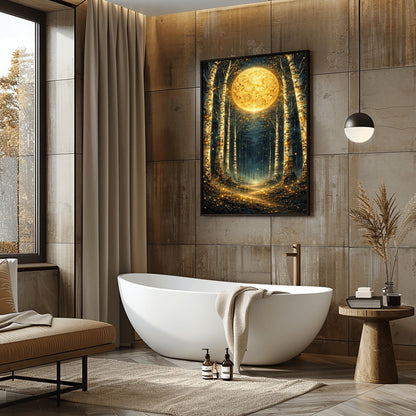 A vertical digital illustration of a birch forest at night. A large, ornate golden moon with swirling patterns glows at the end of a path. The white birch trees are speckled with gold. The ground is covered in sparkling golden lights against a deep dark blue background.