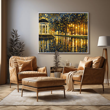 A horizontal fine art print in the style of Gustav Klimt. On the left, a white classical domed pavilion with columns glows brightly. It sits beside a dark lake that reflects the light in golden ripples. To the right is a forest of thin trees. The entire sky is a dense mosaic of golden flower patterns and stars.