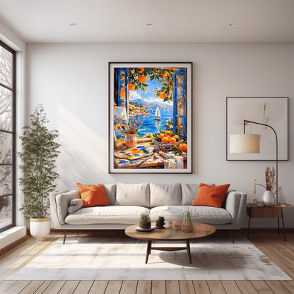 A vertical painterly illustration of an artist's studio window. In the foreground, a table holds a paint palette, brushes in a jar, and a bowl of oranges. Outside the open blue shutters, a sailboat drifts on a blue sea next to a coastal town and mountains.