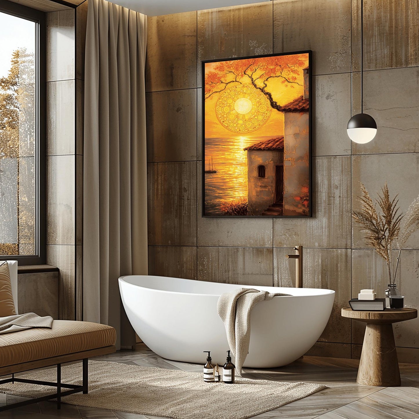 A vertical fine art print in the style of Gustav Klimt. A large, intricate golden mosaic sun hangs in an orange sky, partially framed by a dark tree branch. In the foreground, a rustic white villa with a red roof stands next to a golden sea where a small sailboat is visible. The entire scene is bathed in warm gold and amber light.
