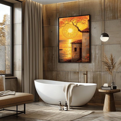 A vertical fine art print in the style of Gustav Klimt. A large, intricate golden mosaic sun hangs in an orange sky, partially framed by a dark tree branch. In the foreground, a rustic white villa with a red roof stands next to a golden sea where a small sailboat is visible. The entire scene is bathed in warm gold and amber light.