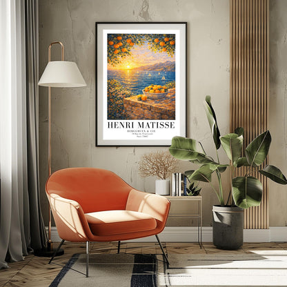 A vertical painterly illustration of a Mediterranean sunset. A low sun shines over a blue sea with sailboats, casting a golden reflection. In the foreground, a bowl of oranges sits on a stone wall. Orange tree branches frame the top of the scene.