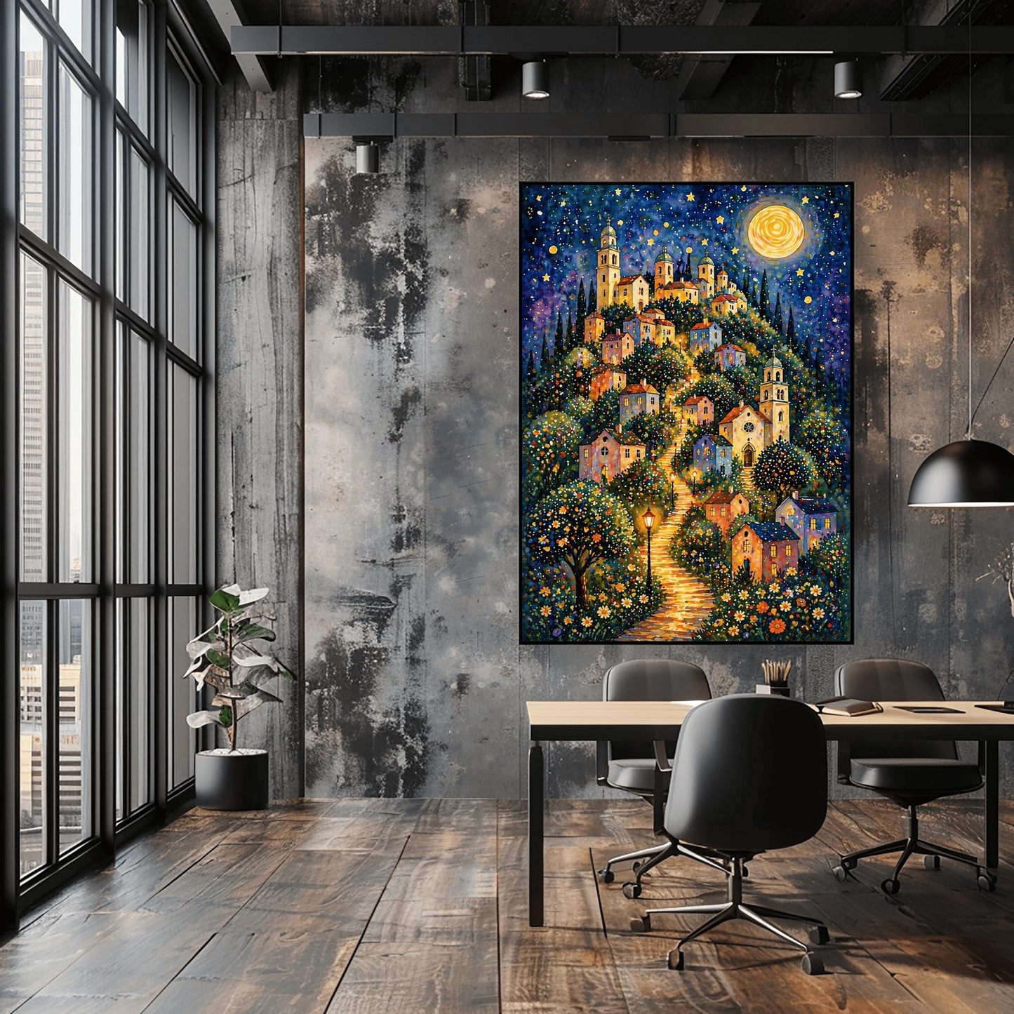A vertical art print in a vibrant mosaic style. A winding, glowing stone path leads up a steep hill through a village of pastel-colored houses and tall, domed church towers. The scene is lit by warm streetlamps and a massive, golden full moon in a starry indigo sky. The foreground is filled with a dense field of small, colorful wildflowers, and the entire image is composed of shimmering, jewel-toned patterns.