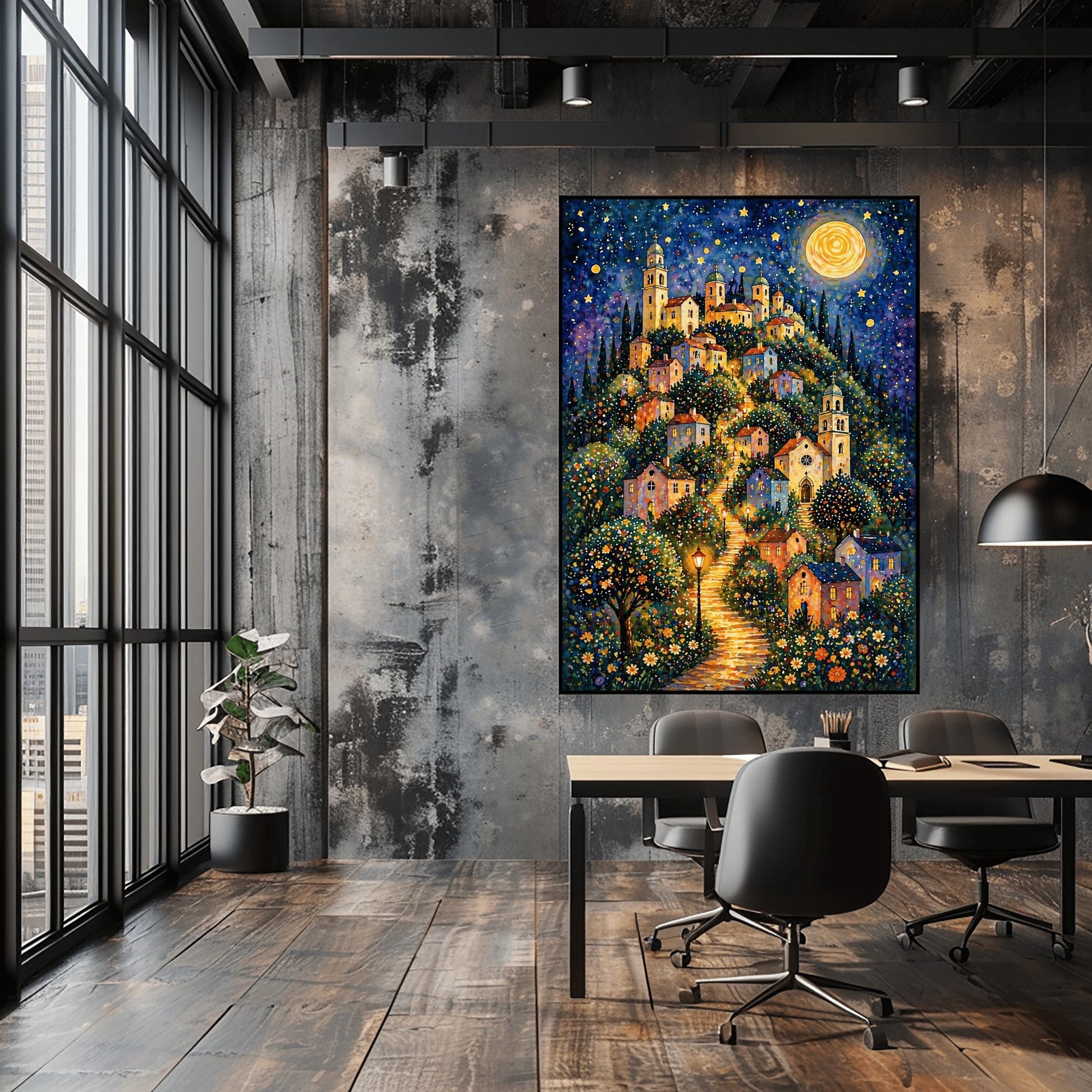 A vertical art print in a vibrant mosaic style. A winding, glowing stone path leads up a steep hill through a village of pastel-colored houses and tall, domed church towers. The scene is lit by warm streetlamps and a massive, golden full moon in a starry indigo sky. The foreground is filled with a dense field of small, colorful wildflowers, and the entire image is composed of shimmering, jewel-toned patterns.