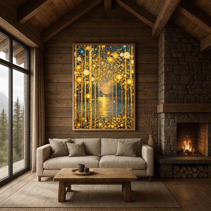 A vertical fine art print in the style of Gustav Klimt. Several slender tree trunks made of sparkling gold leaf stand in the foreground. They are adorned with glowing gold and ivory circular patterns. A calm river in the center reflects a soft, hazy golden sun on the horizon. The background is a soft blue-grey.