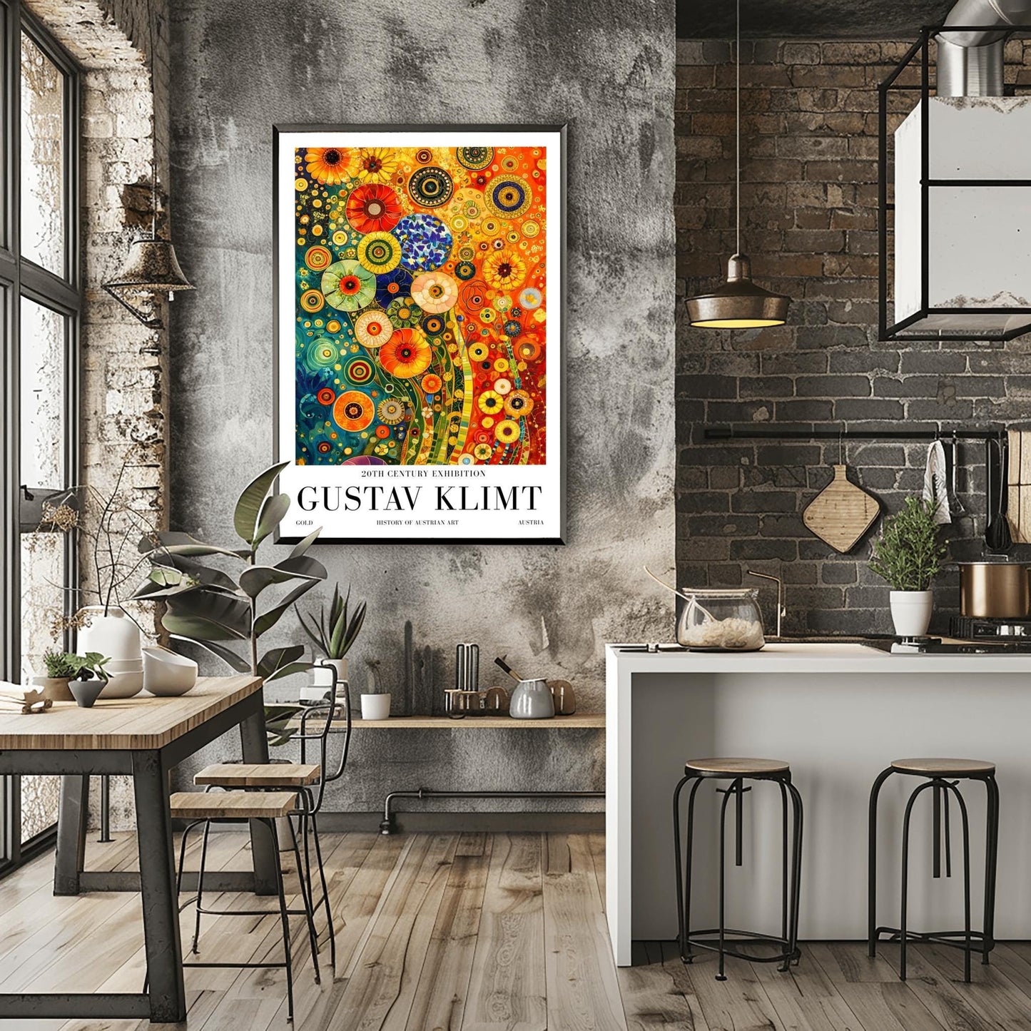 A vertical museum exhibition poster in the style of Gustav Klimt. The central image is a dense, colorful mosaic of stylized flowers in teal, orange, and red. The artwork is surrounded by a white border with bold black text that reads "GUSTAV KLIMT" and "20TH CENTURY EXHIBITION."