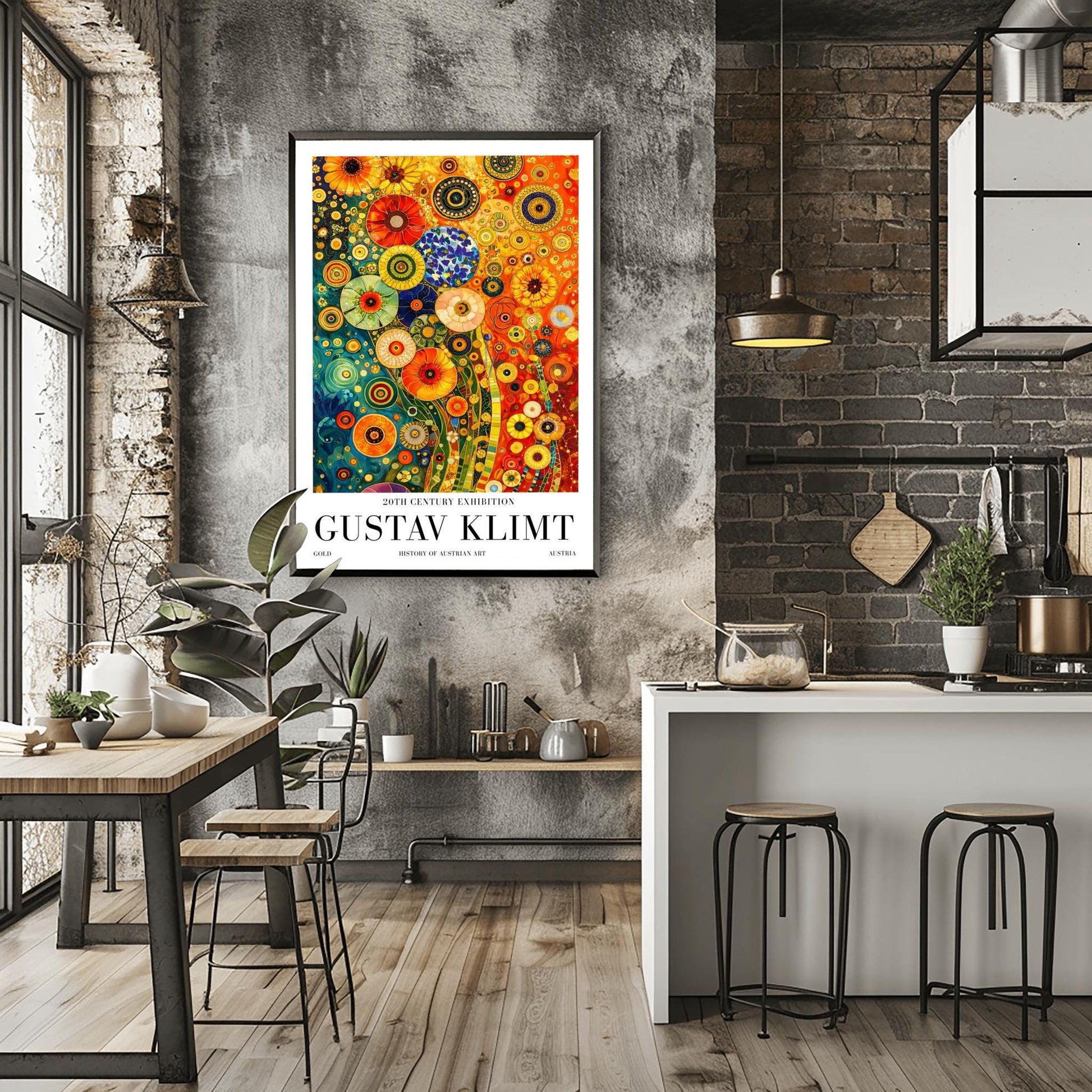 A vertical museum exhibition poster in the style of Gustav Klimt. The central image is a dense, colorful mosaic of stylized flowers in teal, orange, and red. The artwork is surrounded by a white border with bold black text that reads "GUSTAV KLIMT" and "20TH CENTURY EXHIBITION."