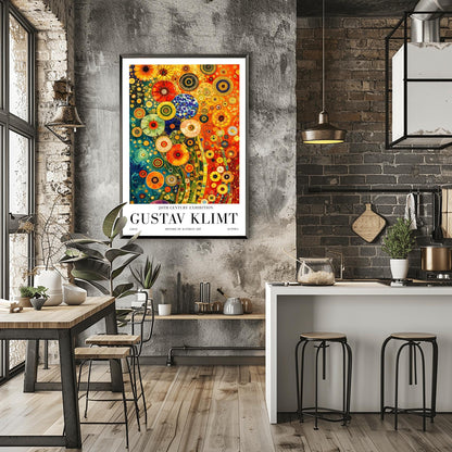 A vertical museum exhibition poster in the style of Gustav Klimt. The central image is a dense, colorful mosaic of stylized flowers in teal, orange, and red. The artwork is surrounded by a white border with bold black text that reads "GUSTAV KLIMT" and "20TH CENTURY EXHIBITION."