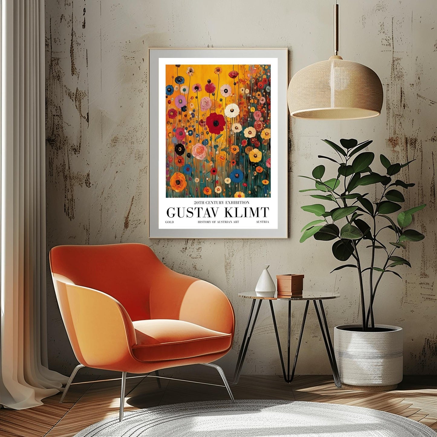 A vertical museum exhibition poster featuring a colorful wildflower meadow in the style of Gustav Klimt. Red, blue, and yellow flowers on thin stalks grow against an amber background. Below the image, bold black text reads "GUSTAV KLIMT" and "20TH CENTURY EXHIBITION" against a white border.