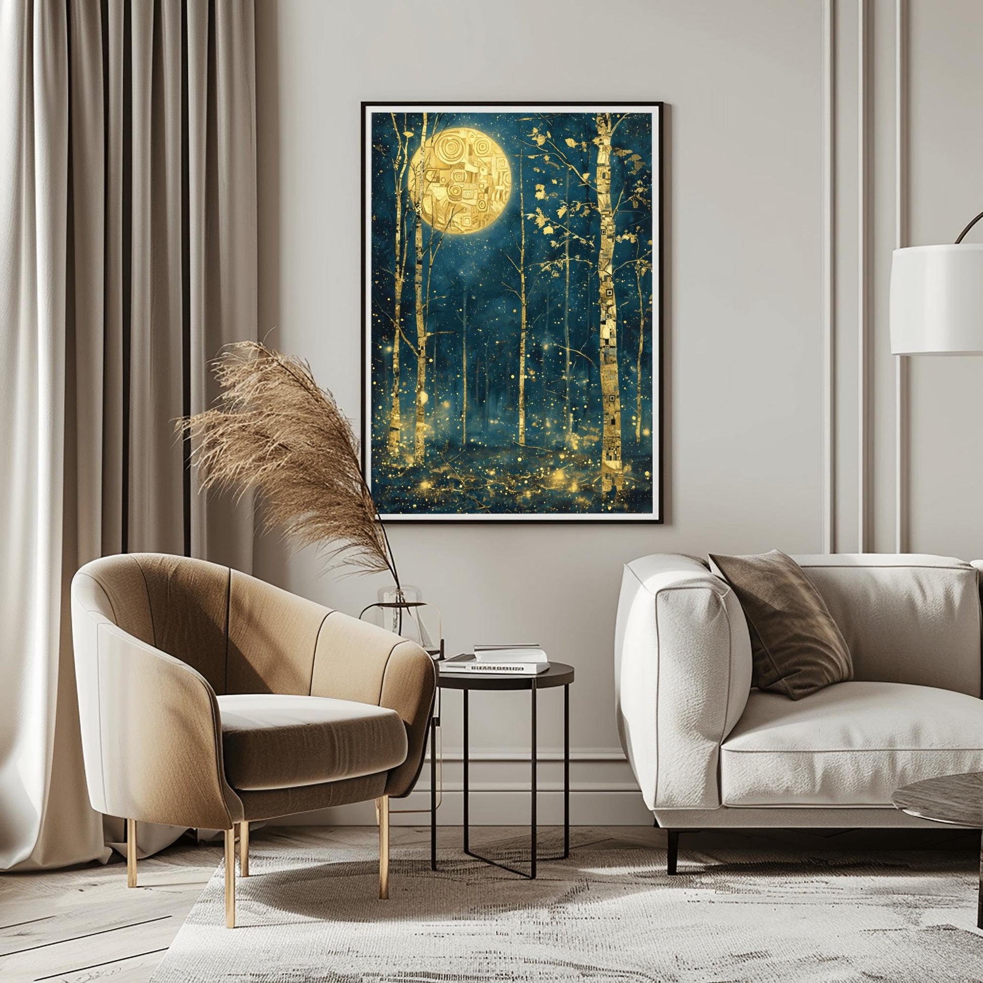 A vertical painting in the style of Gustav Klimt. Slender birch trees with gold-leaf bark and black geometric patterns stand in a dark navy forest at night. A large, bright gold moon with mosaic spirals hangs in the sky. The air is filled with glowing golden dots and fireflies. The overall style is rich in texture and golden ornamentation against a deep blue background.