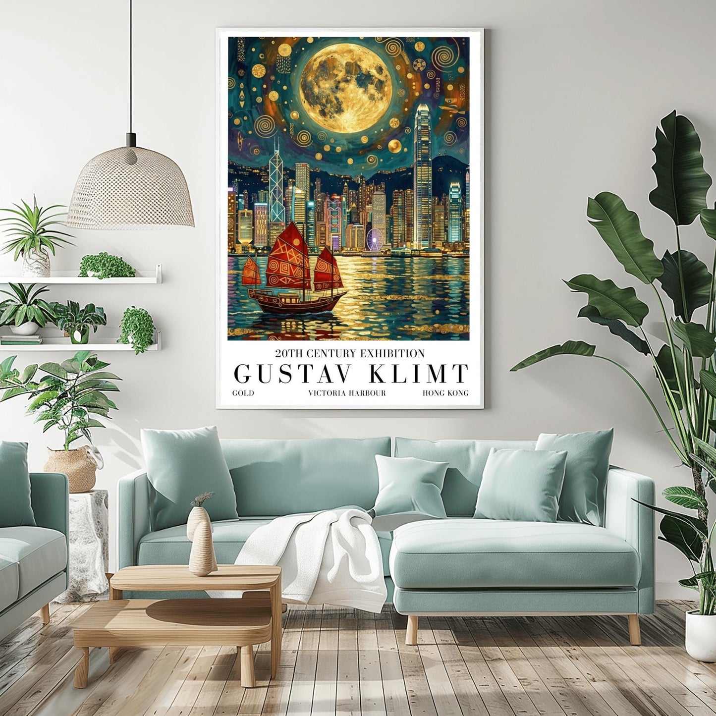 A vertical museum exhibition poster in the style of Gustav Klimt. A traditional red junk boat with golden patterns sails in front of the Hong Kong skyline at night. A massive golden moon with mosaic patterns fills the top of the sky. Bold black text at the bottom reads "GUSTAV KLIMT" and "VICTORIA HARBOUR."