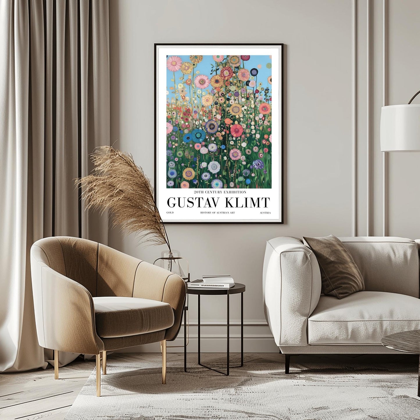 A vertical museum exhibition poster in the style of Gustav Klimt. A dense field of colorful, stylized wildflowers in pink, blue, and orange reaches upward toward a light blue sky filled with golden orbs. Each flower is detailed with mosaic patterns and gold leaf. Bold black text at the bottom reads "GUSTAV KLIMT" and "HISTORY OF AUSTRIAN ART."