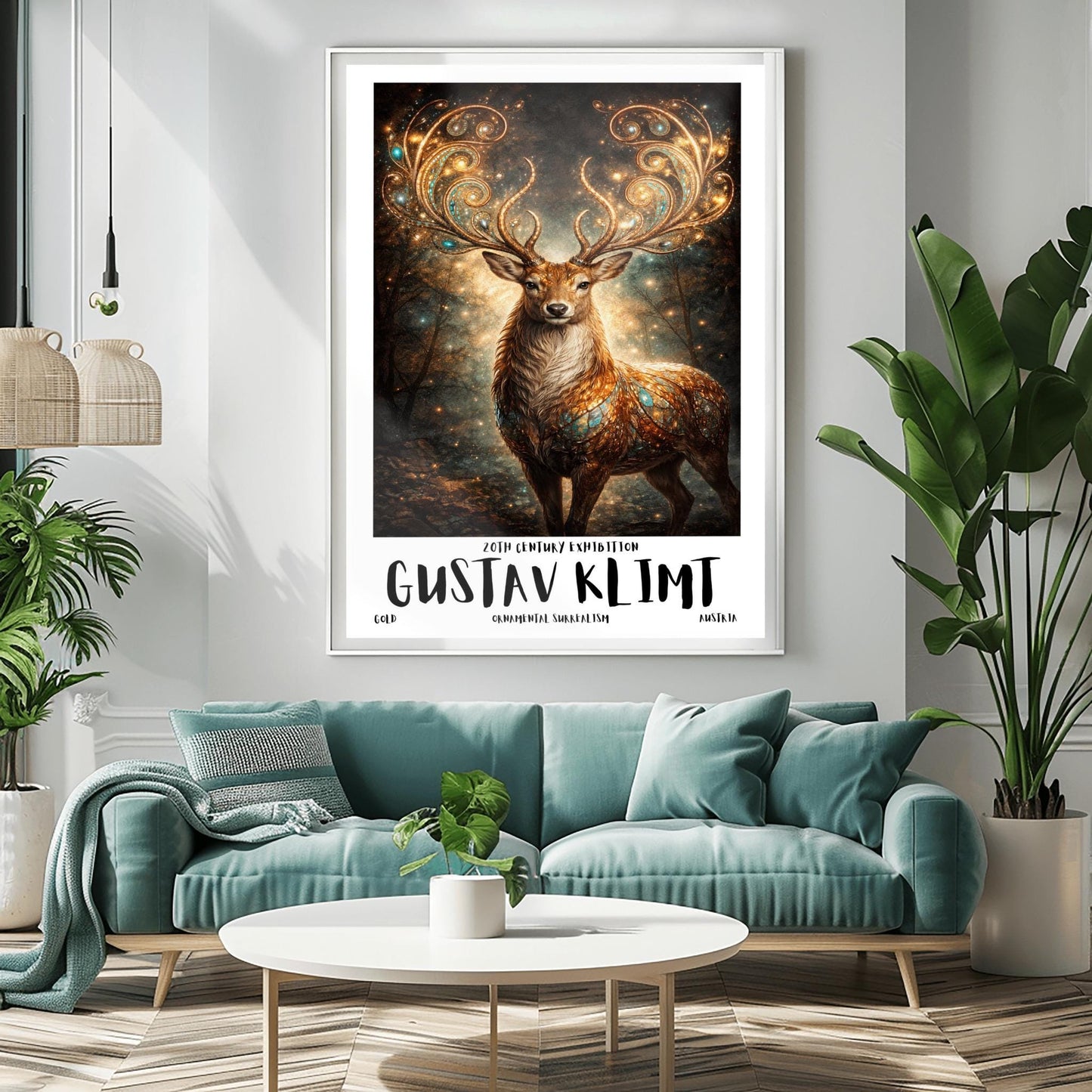 A vertical full-bleed illustration of a stag in the style of Gustav Klimt. The stag has massive, swirling golden antlers decorated with glowing gems. Its body is a mosaic of gold and turquoise. It stands in a misty, dark forest filled with golden sparks and floating embers.