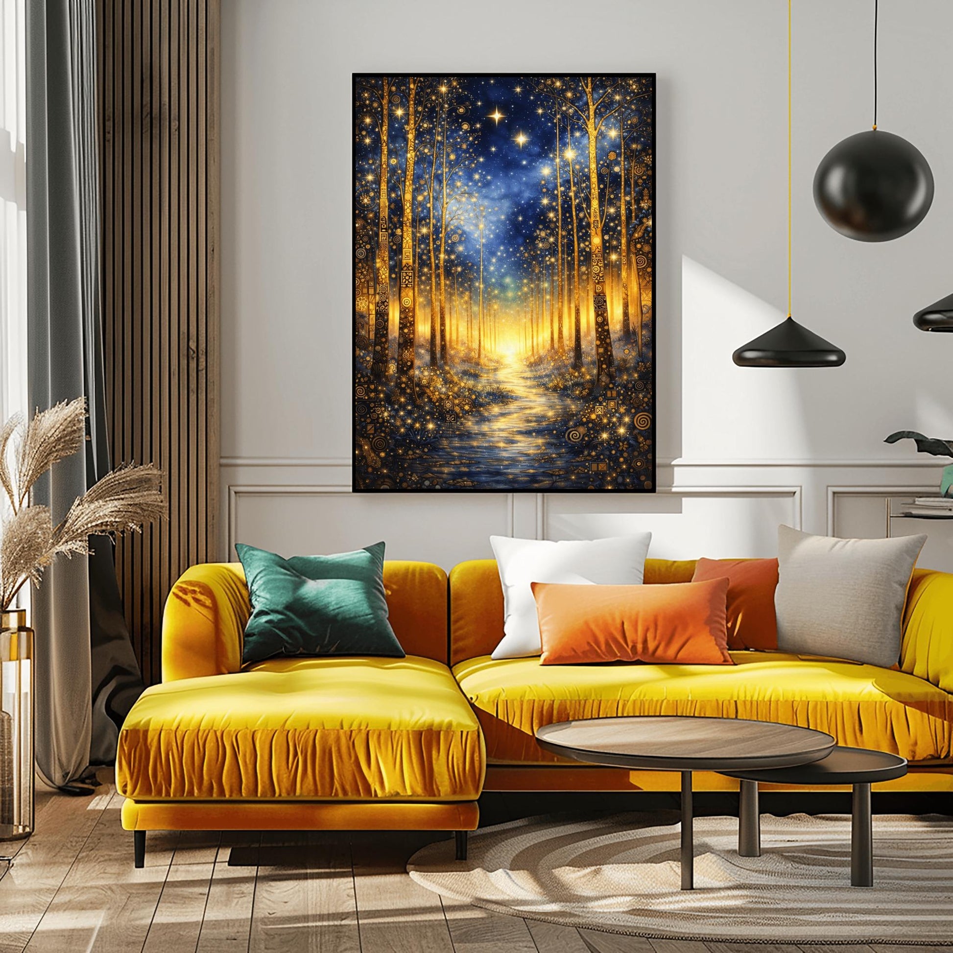 A vertical art print in the style of Gustav Klimt. It depicts a magical forest at night with tall, slender trees decorated with intricate golden swirls and geometric patterns. A shimmering golden path leads through the center toward a bright light in the distance. The dark blue sky is filled with numerous bright, glowing stars and a hazy golden nebula. The entire scene is rich with gold leaf textures and decorative mosaic details.