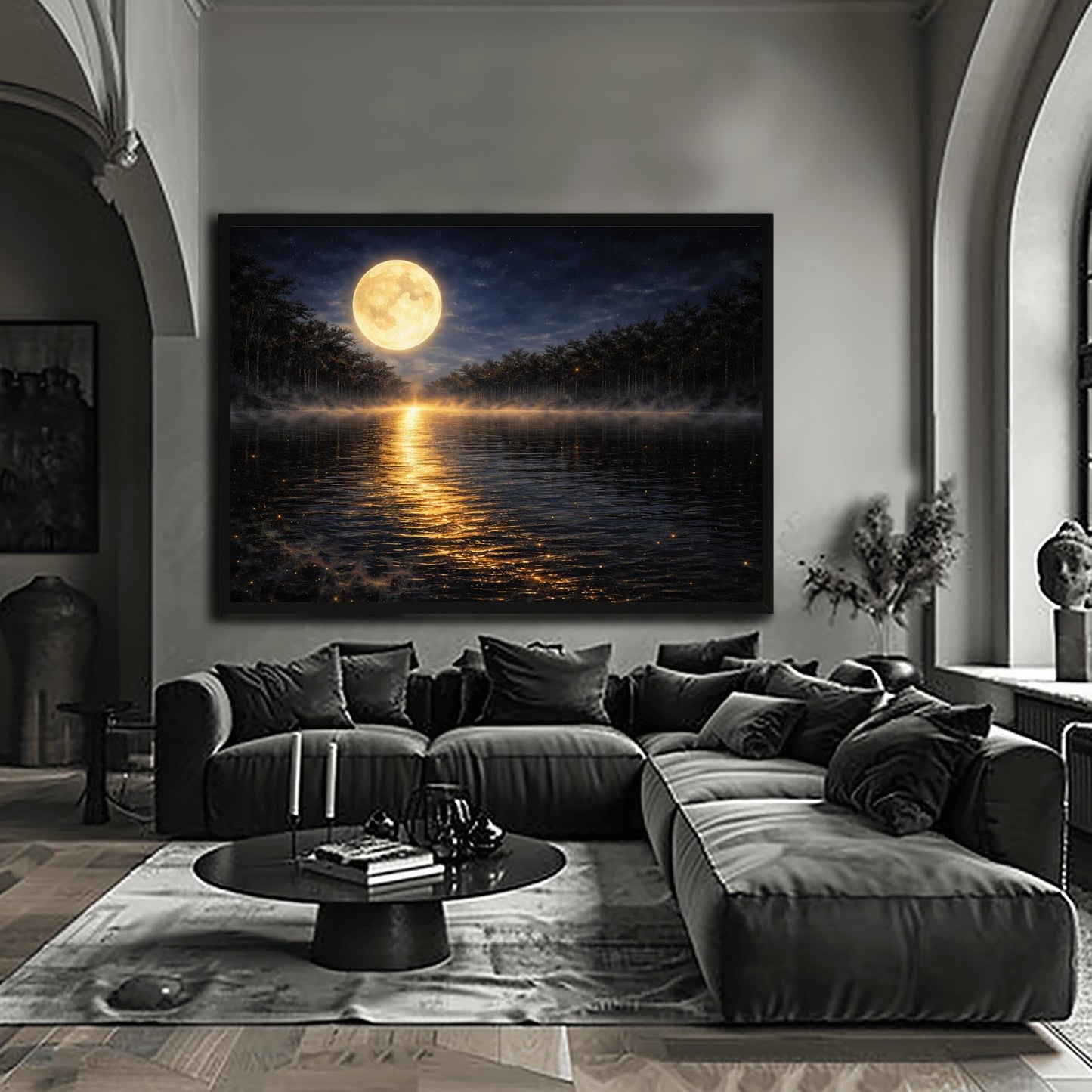 A horizontal landscape art print in the style of Gustav Klimt. A large, luminous golden moon hangs in a dark, starlit sky over a calm lake. A brilliant trail of golden light reflects across the dark water toward the viewer. Low-lying mist rolls across the lake's surface, and silhouetted dark trees line the distant shore. The overall color palette is a striking contrast of deep midnight blue and radiant metallic gold.