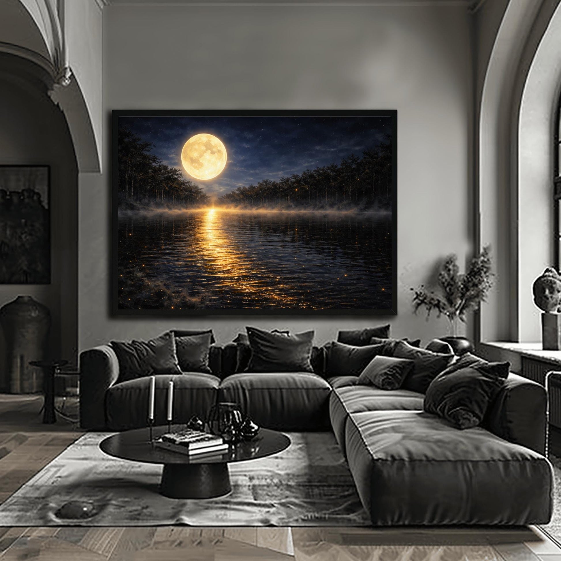 A horizontal landscape art print in the style of Gustav Klimt. A large, luminous golden moon hangs in a dark, starlit sky over a calm lake. A brilliant trail of golden light reflects across the dark water toward the viewer. Low-lying mist rolls across the lake's surface, and silhouetted dark trees line the distant shore. The overall color palette is a striking contrast of deep midnight blue and radiant metallic gold.