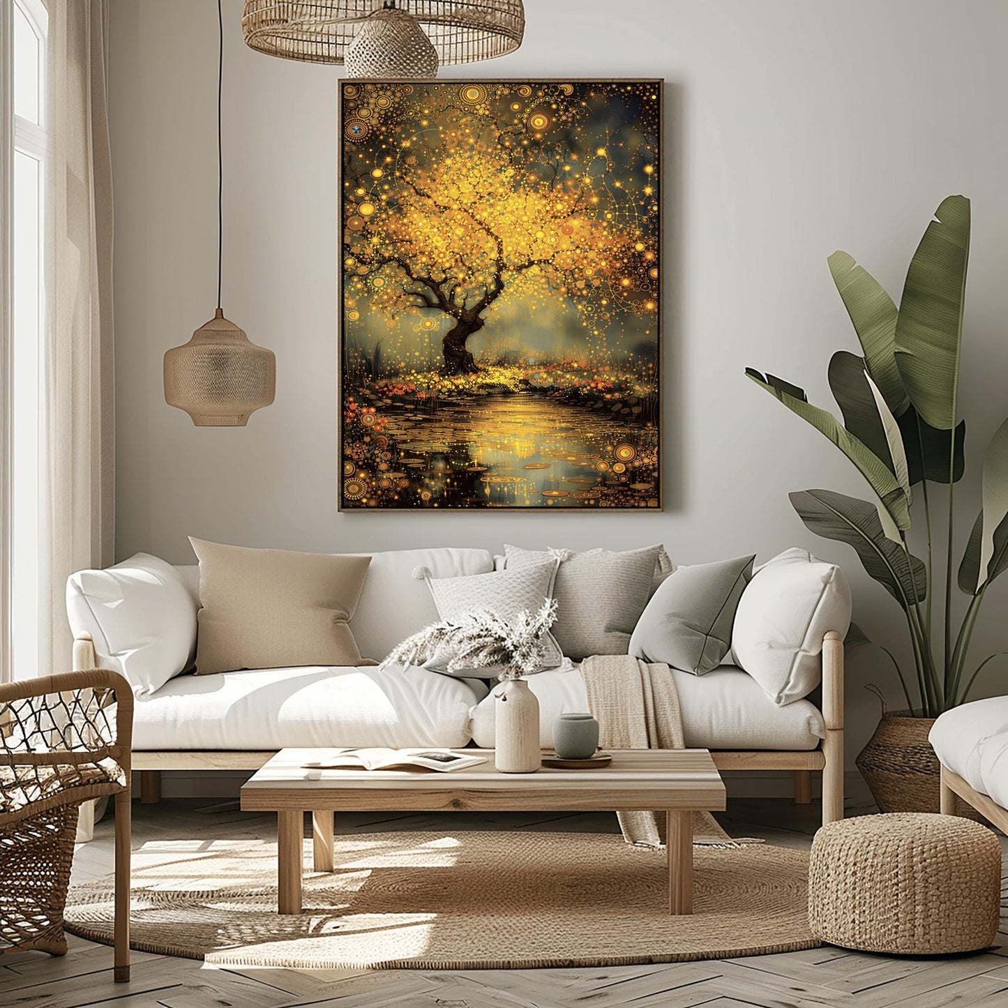 A vertical, highly detailed painting in the style of Gustav Klimt. A large tree with a dark, twisted trunk stands beside a dark pond. The tree's branches are a dense explosion of golden circular patterns, spirals, and mosaic-like flowers. The pond below reflects the golden light and is dotted with glowing lily pads. The background is a moody, textured grey-green. The entire scene is rich with golden textures and intricate geometric details.